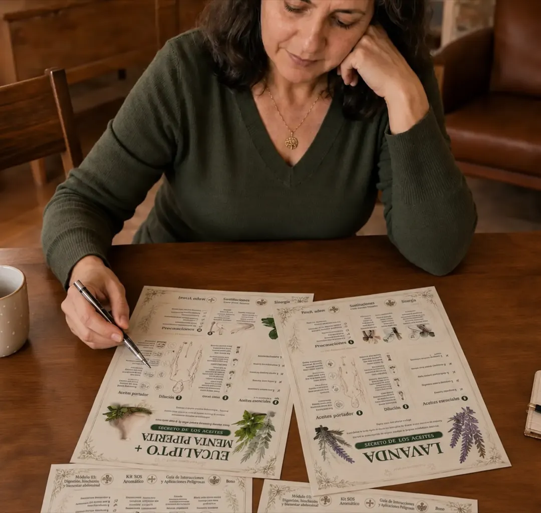 Mujer consultando protocolos visuales impresos sobre una mesa